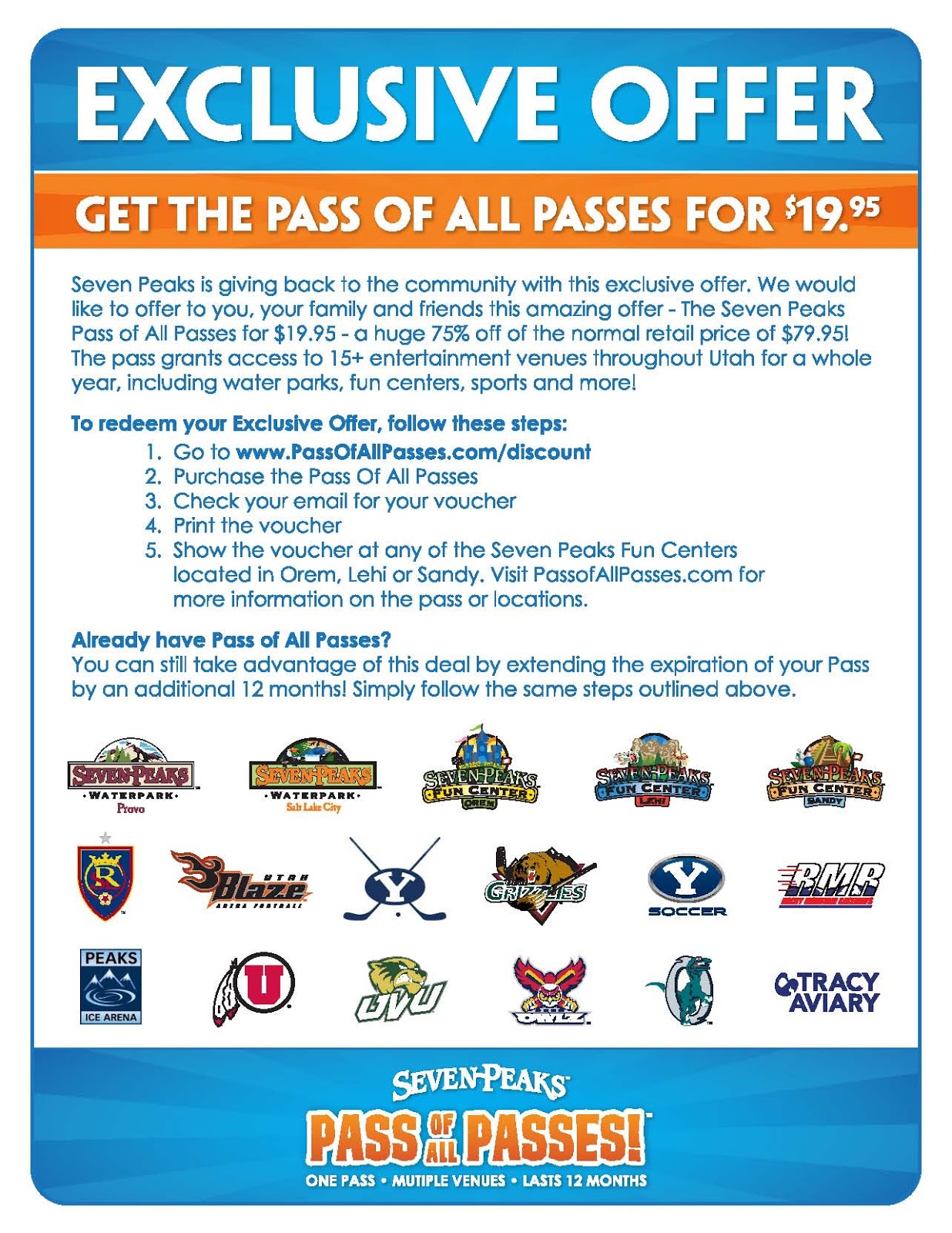 Seven peaks discounts Learn about Seven Peaks Festival, browse upcoming events, and buy tickets online or over the phone. Apply our promo code toward the purchase of any Seven Peaks Festival tickets. Also featuring special discounts for military personnel, veterans, and college students.